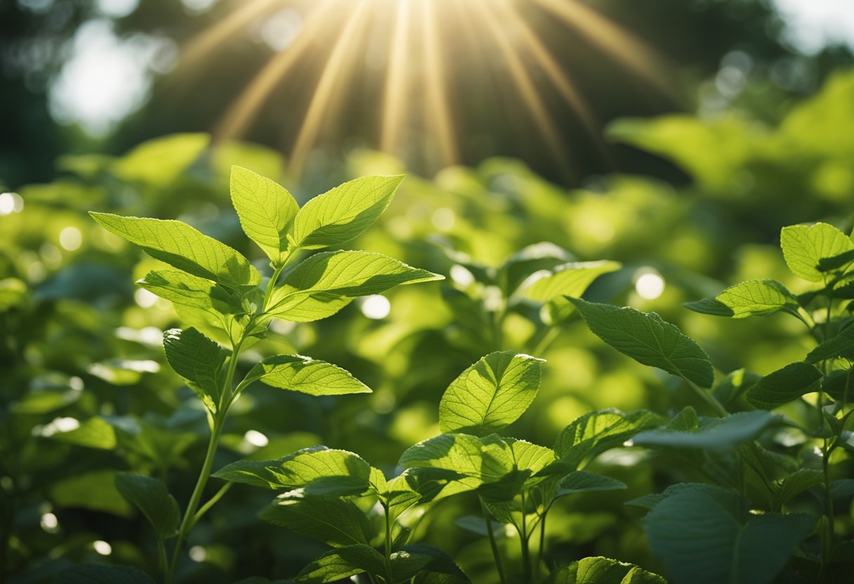 A serene garden with vibrant tulsi plants, surrounded by rays of warm sunlight and a gentle breeze